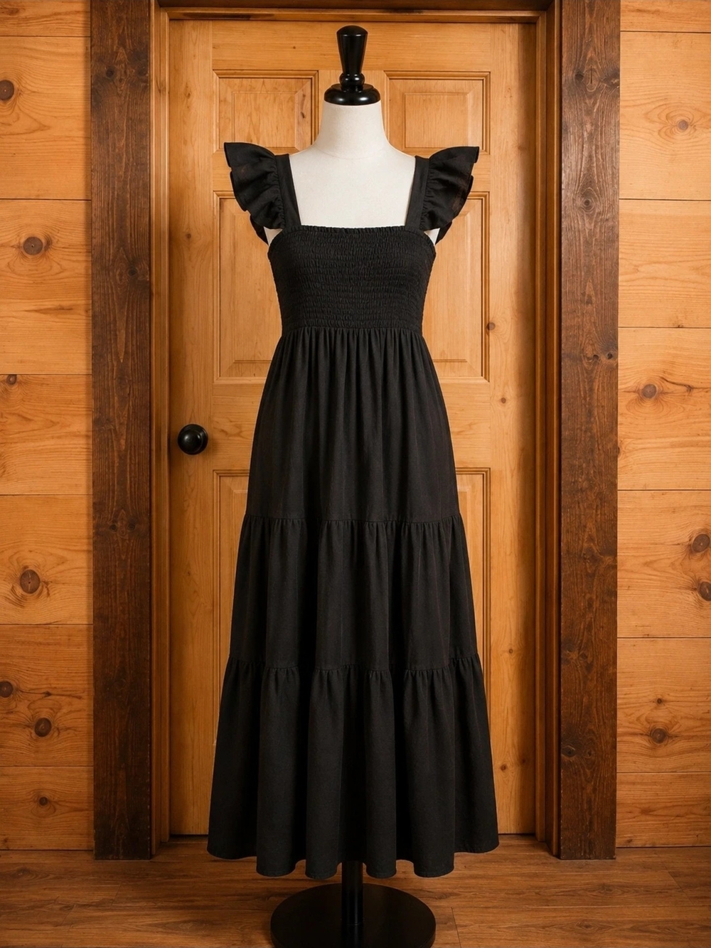 Black Smocked Tiered Maxi Dress with Ruffled Straps